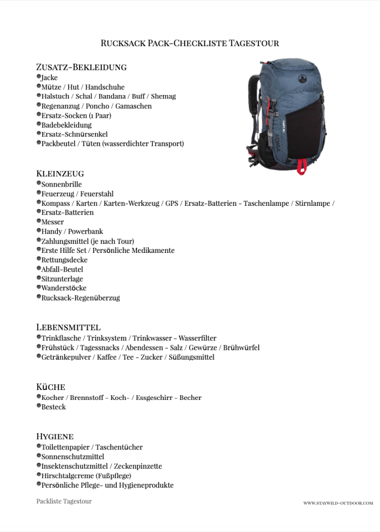 Checkliste Rucksack Tageswanderung STAY WILD OUTDOOR