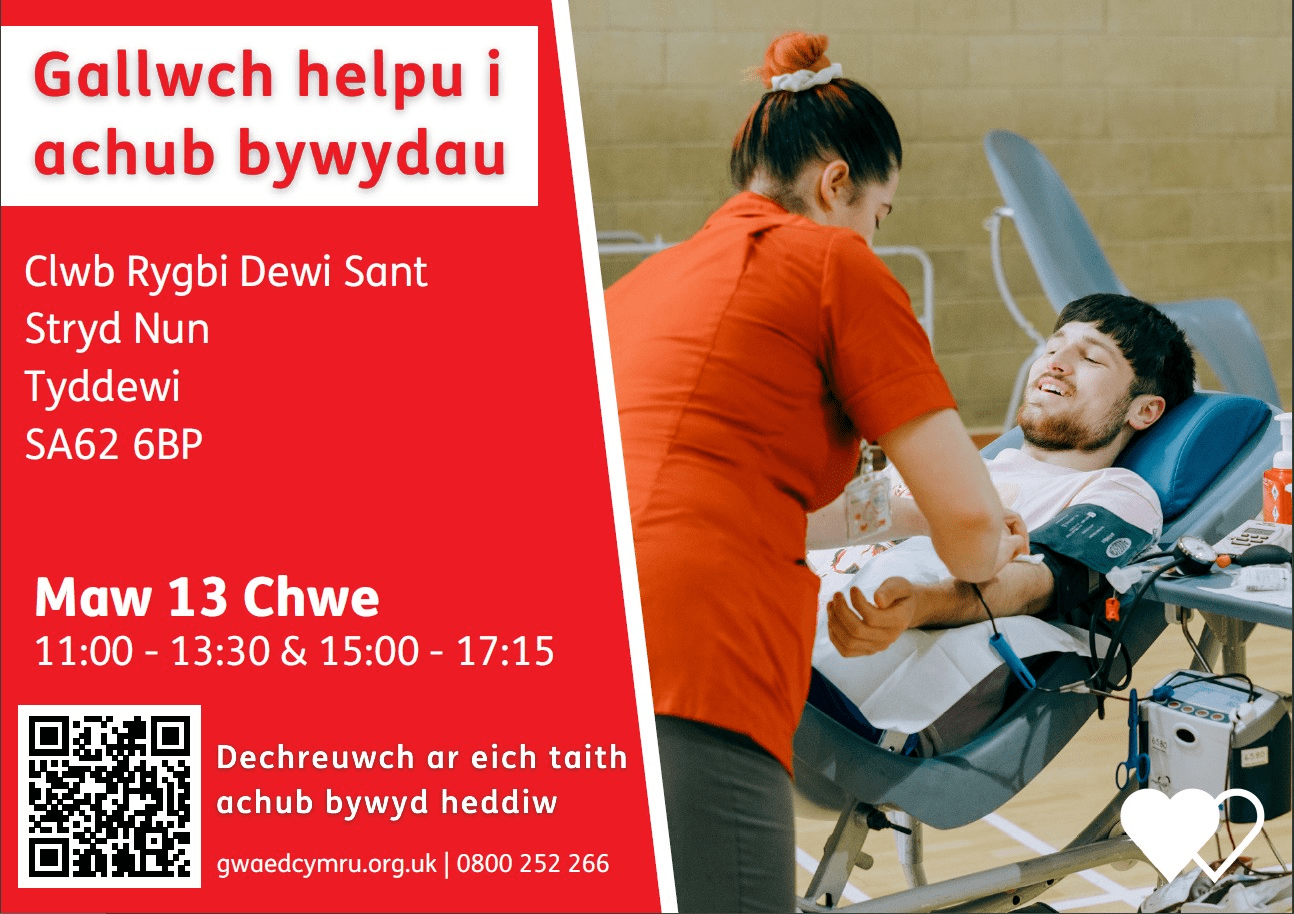 Give Blood Tuesday 13th February 2024 at St Davids Rugby Club St