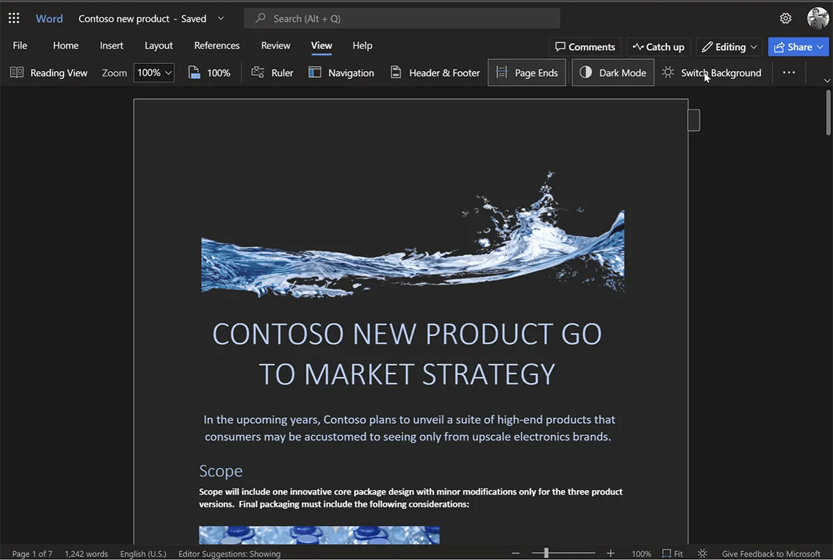 How do you activate Dark Mode for documents Word in the web version