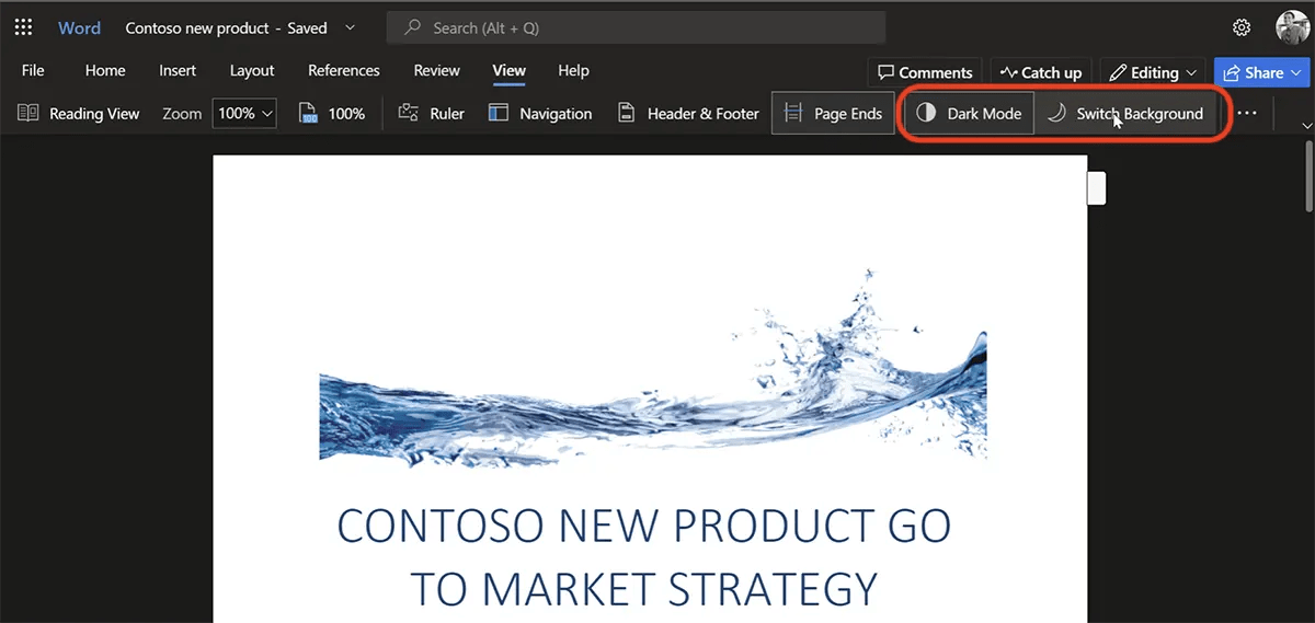 How do you activate Dark Mode for documents Word in the web version