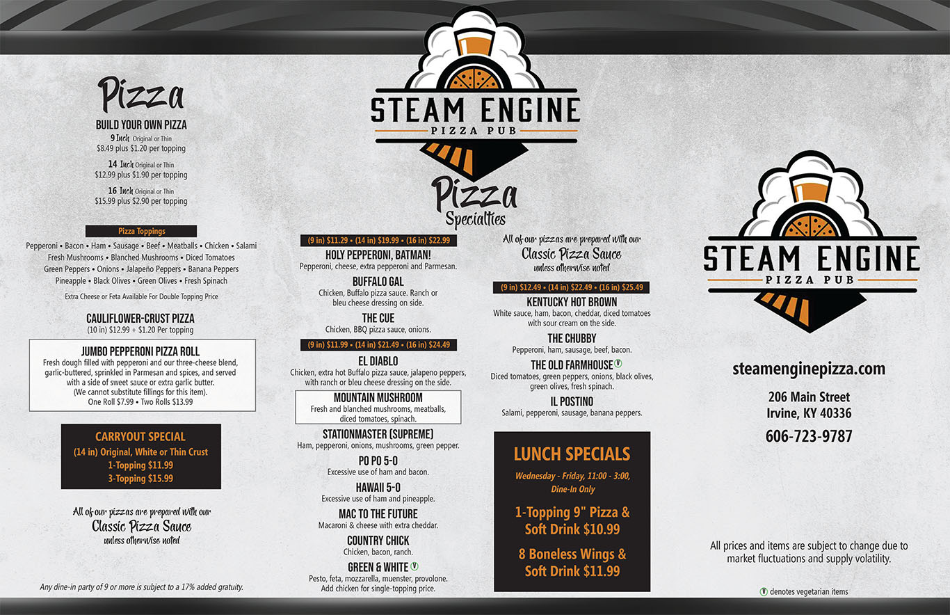 Our Menu | Steam Engine Pizza Pub