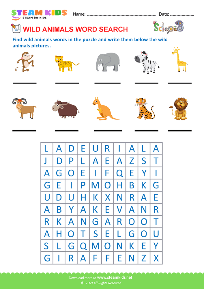 Free Science Worksheet Wild Animals Worksheet 2 STEAM KIDS