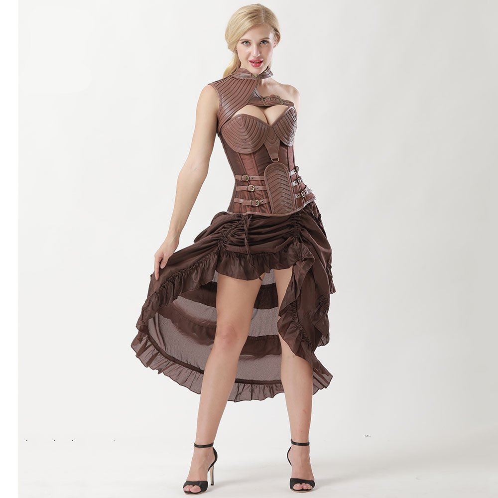 Womens Steampunk Brown Leather Corset Bustier & Dress