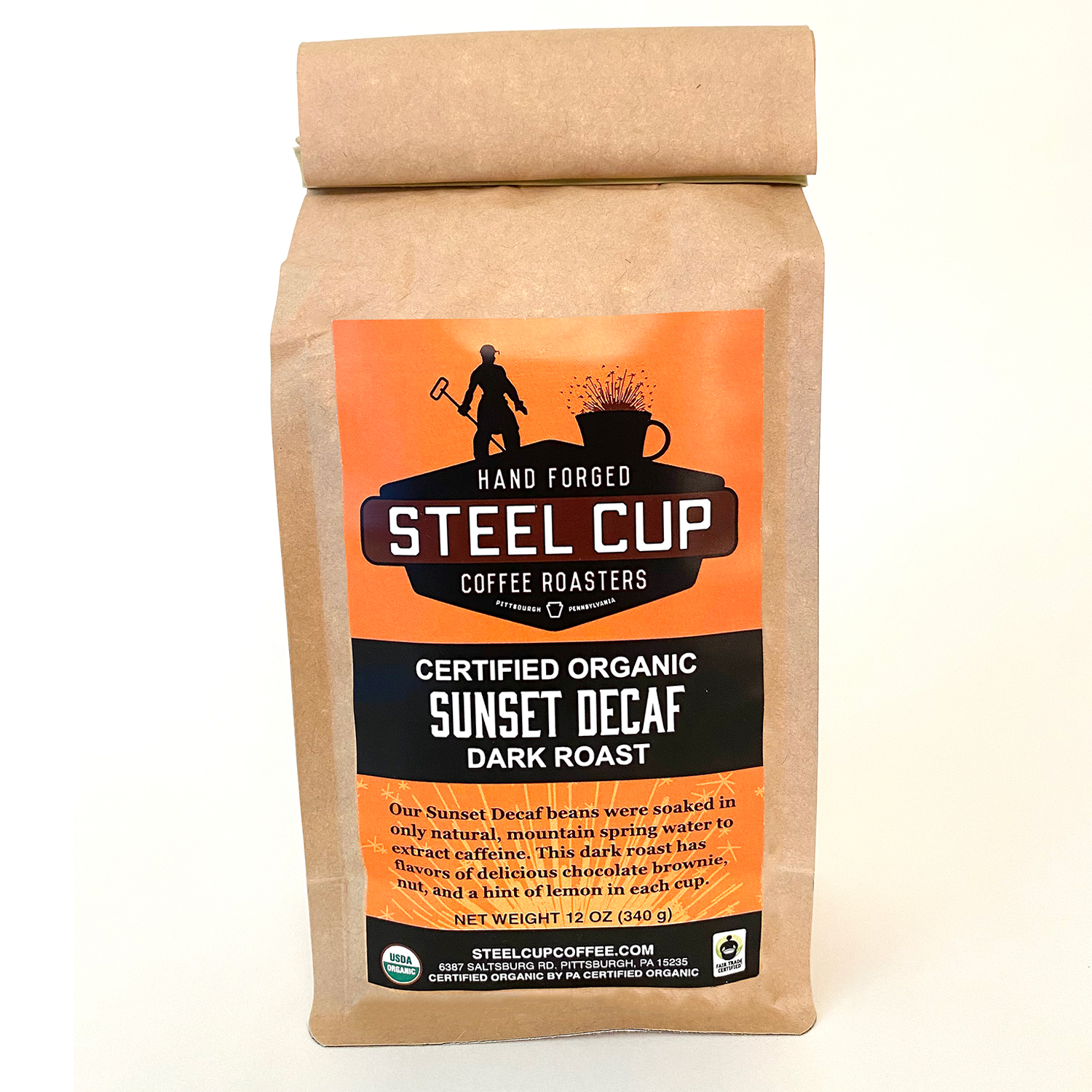 Sunset Decaf Steel Cup Coffee Roasters Organic coffee proudly hand