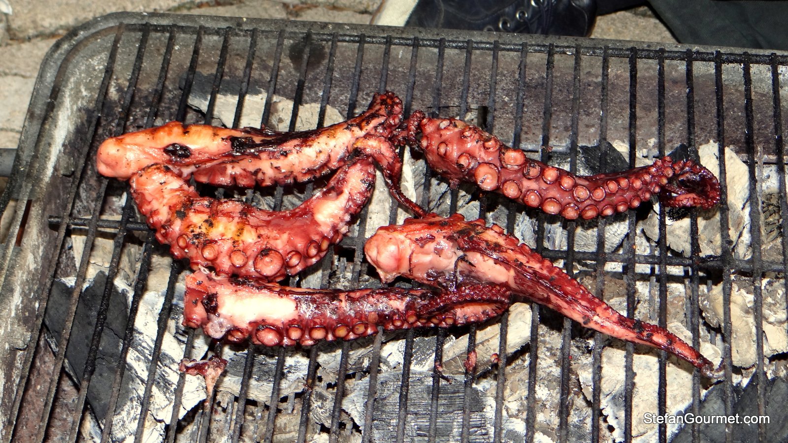 Grilled Octopus with Octopus Sponge, Bell Pepper Coulis and Romanesco