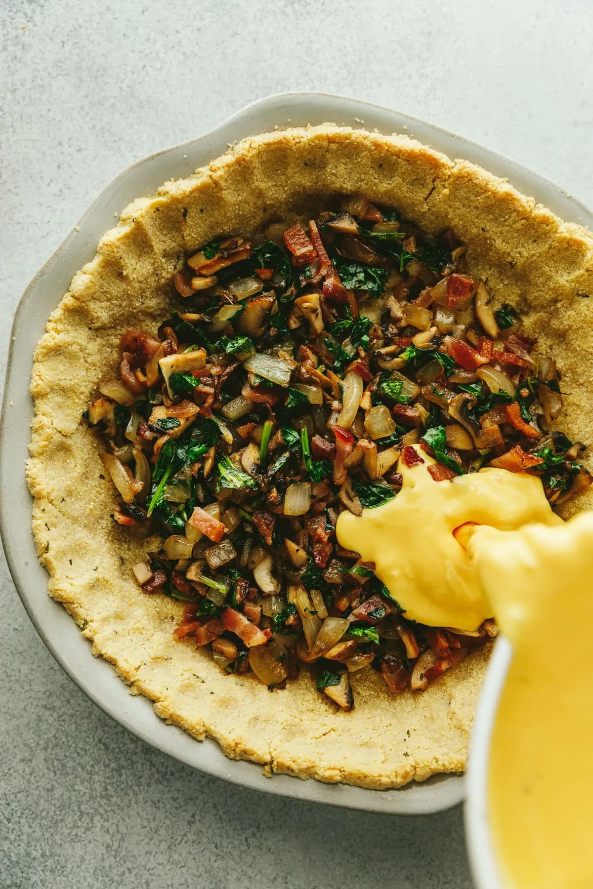 Bacon Mushroom Spinach Quiche with Rosemary Crust