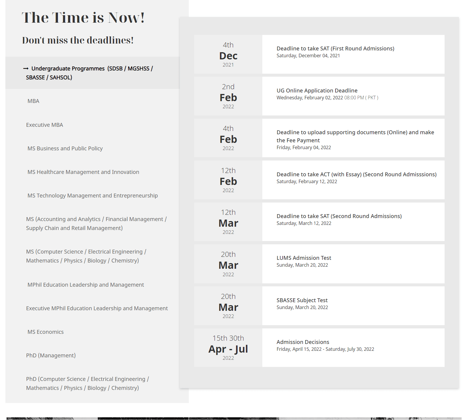 LUMS ADMISSIONS SCHEDULE 2022