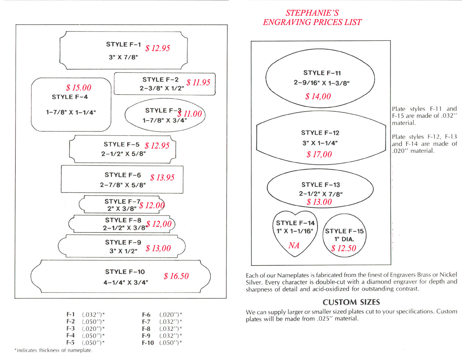 ENGRAVING PRICES LIST Stephanies Art Gallery