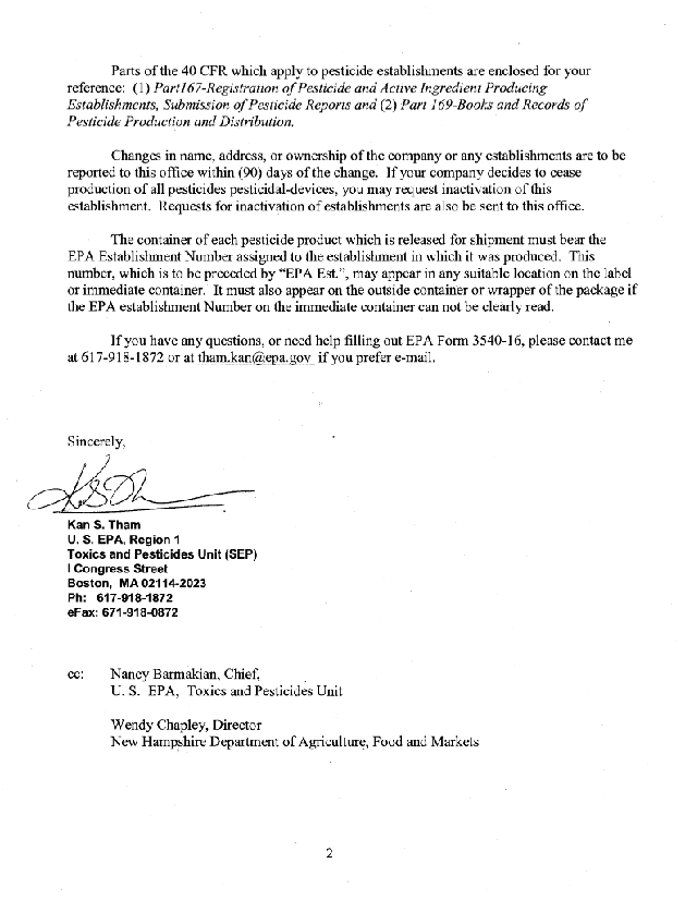 EPA Establishment Registration