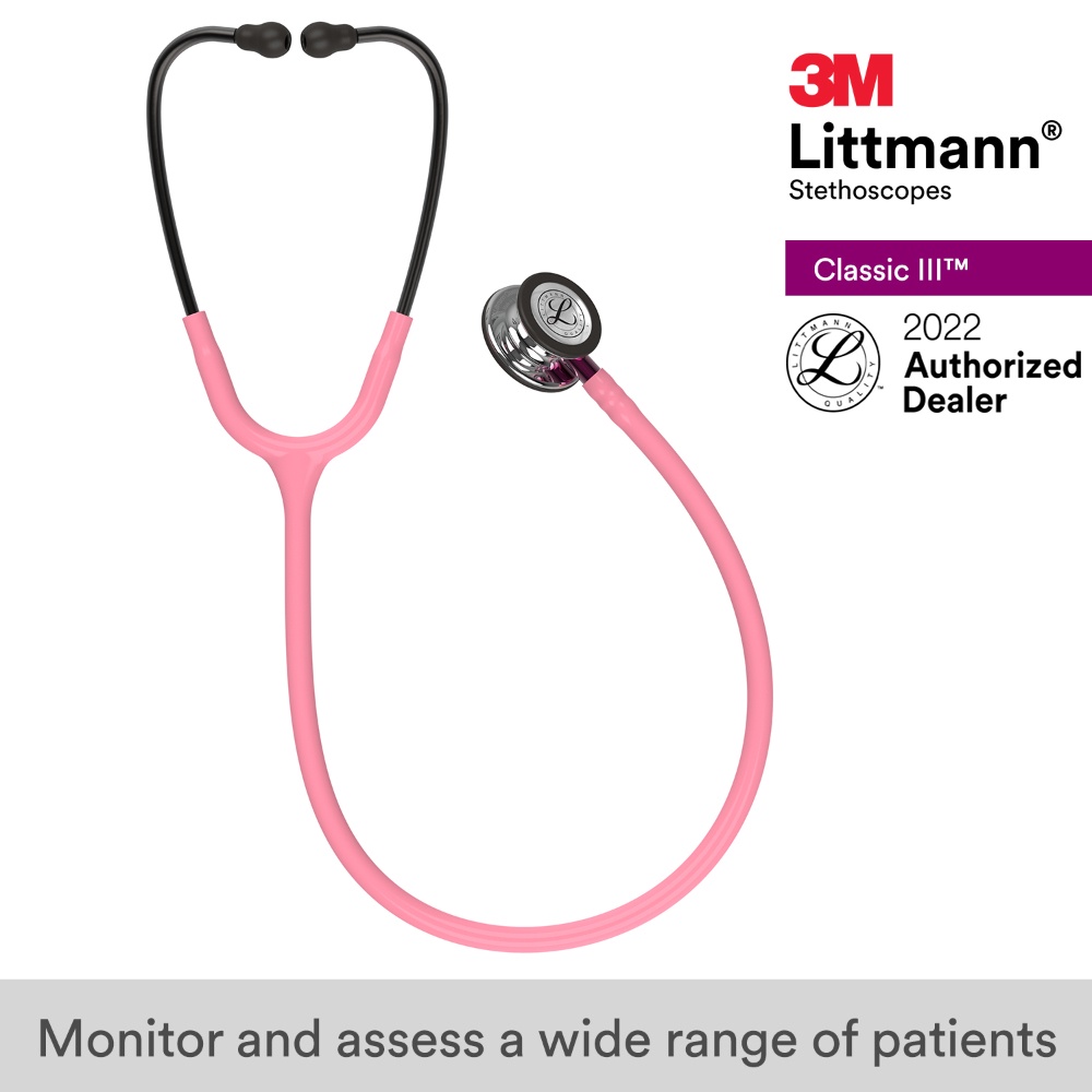 3M Pearl Pink Tube, Mirror Finish Chespiece, Pink Stem Classic III 5962, 3M Littmann Stethoscope
