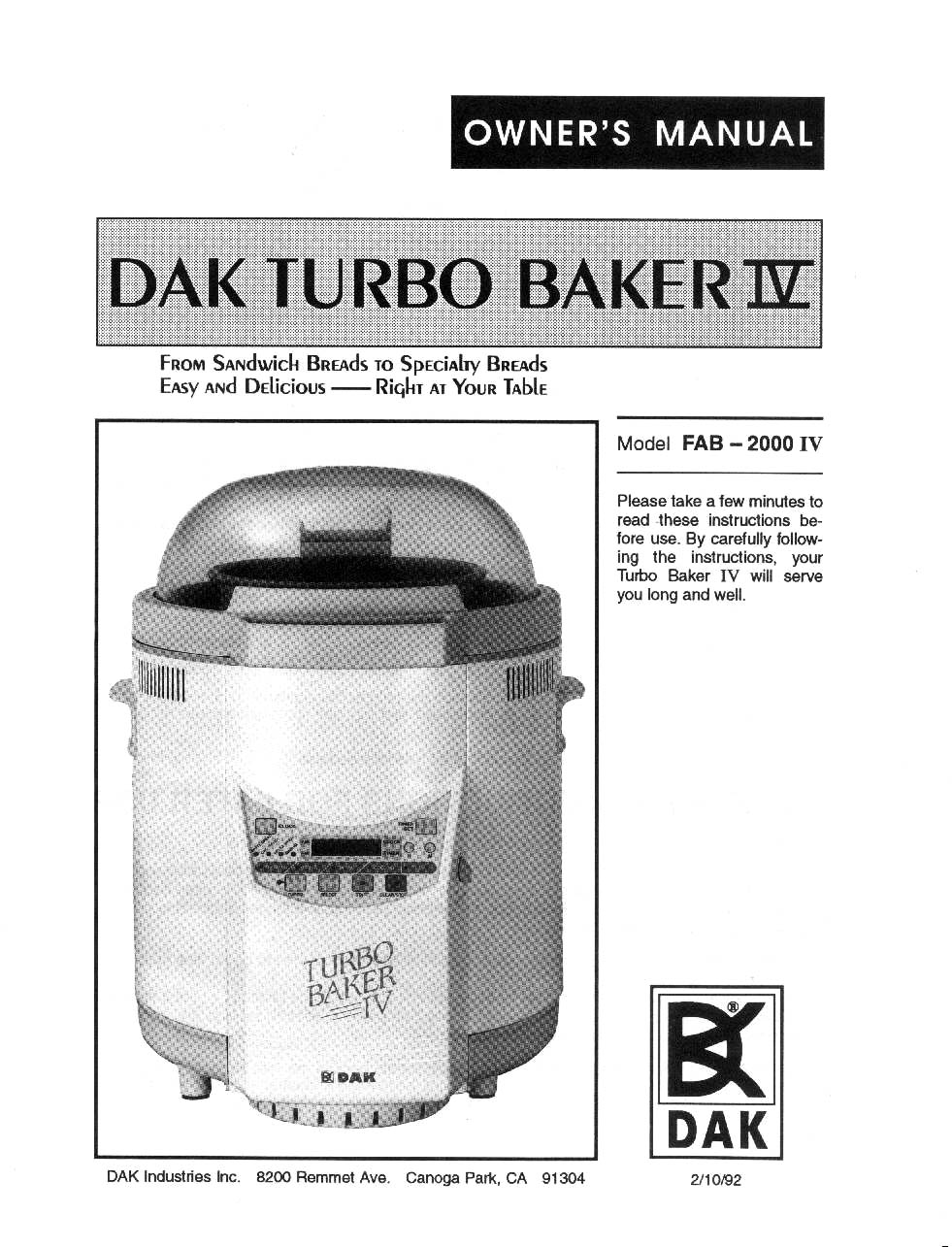 DAK Breadmaker Instruction Manual