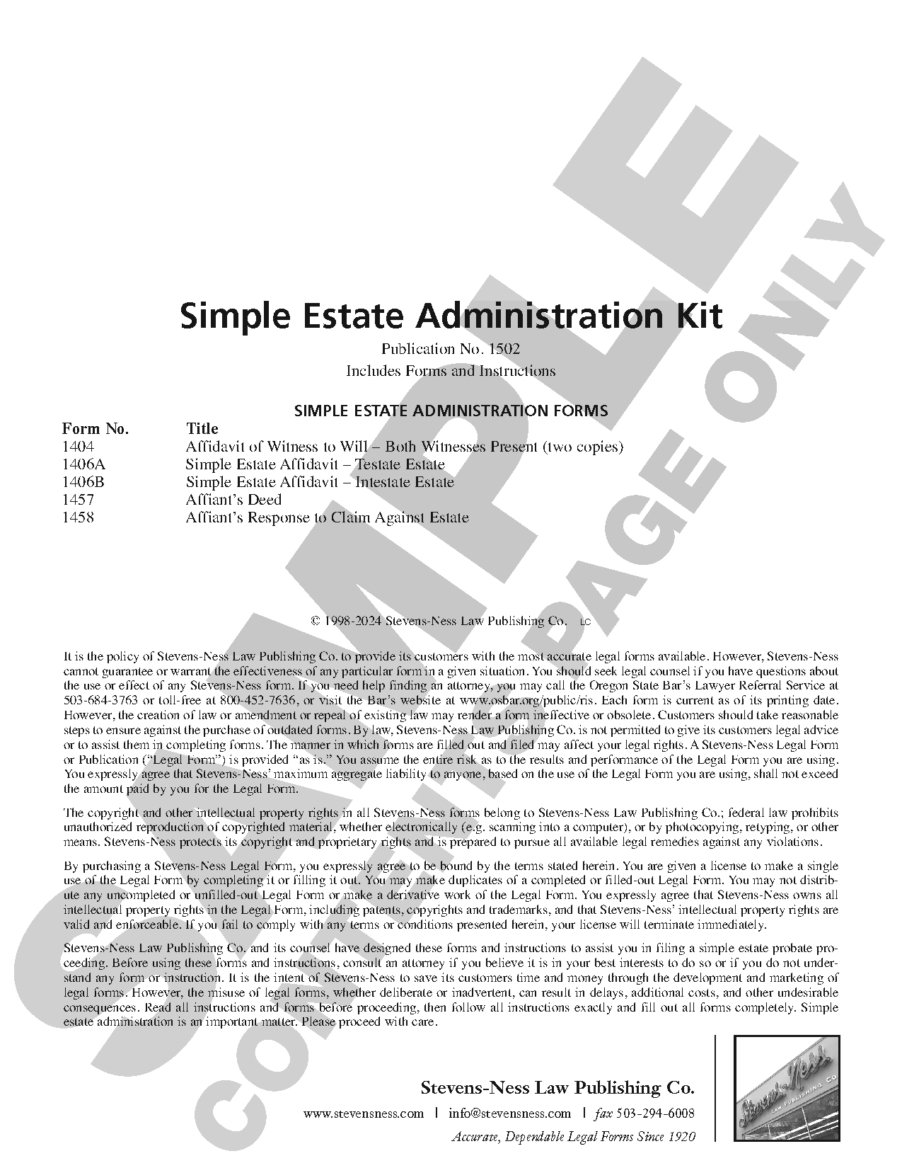 SN 1502 Simple Estate Administration Kit (OR) StevensNess Law