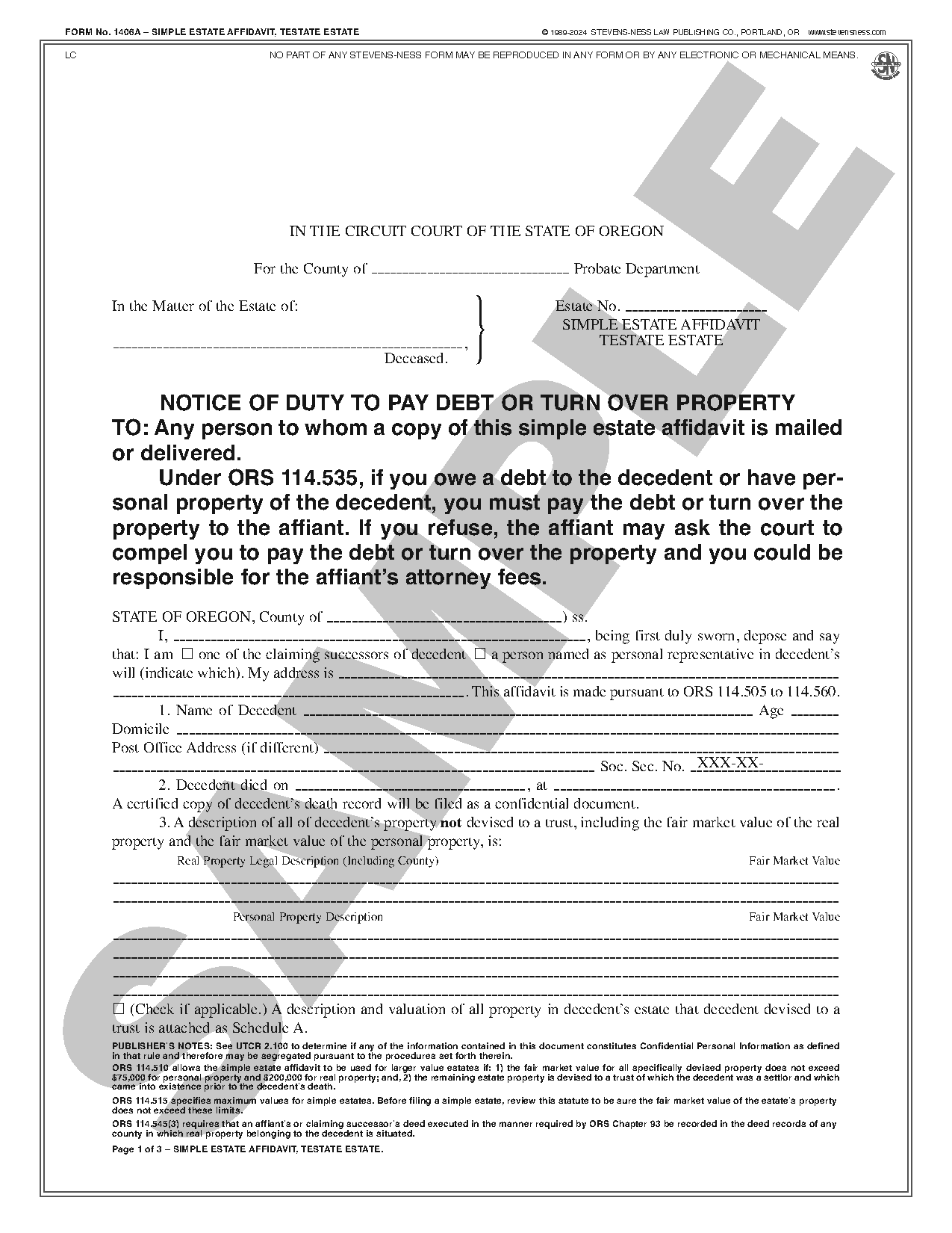 SN 1502 Simple Estate Administration Kit (OR) StevensNess Law