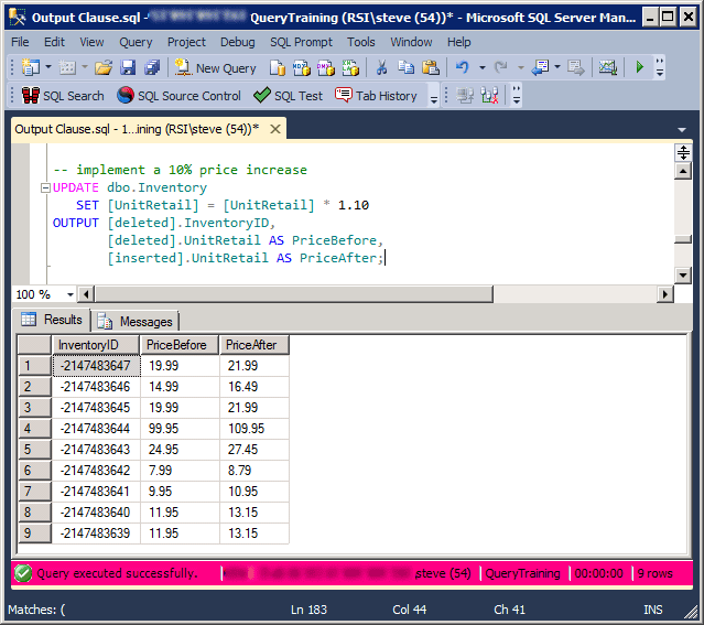 TSQL OUTPUT Clause With UPDATE Statements Steve Stedman