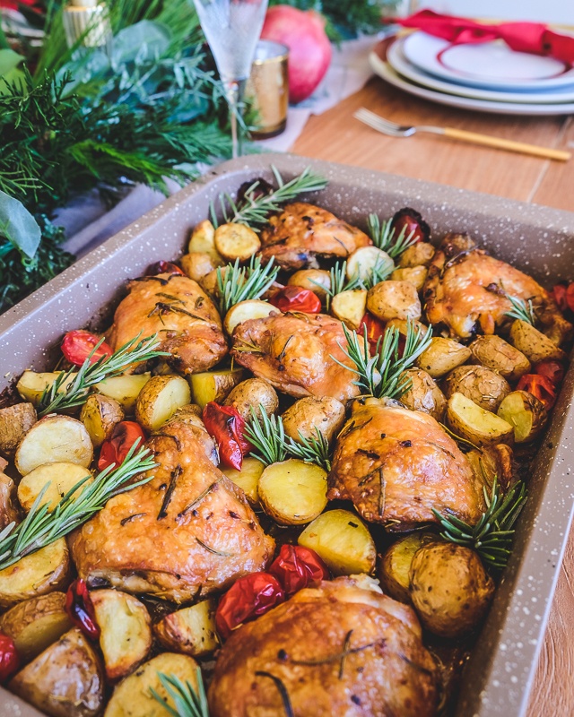 Rosemary & garlic roast chicken on veggies