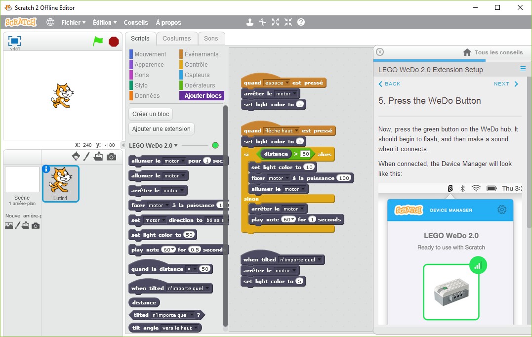 Piloter Wedo 2.0 avec Scratch 2.0 online