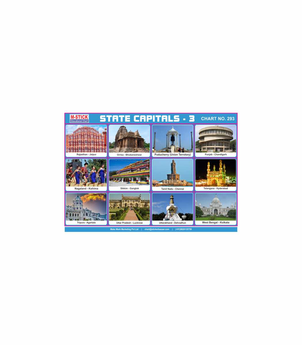 M-Stick |Educational Chart |200 |State Capitals-3 |10 Sheets| - Sticker