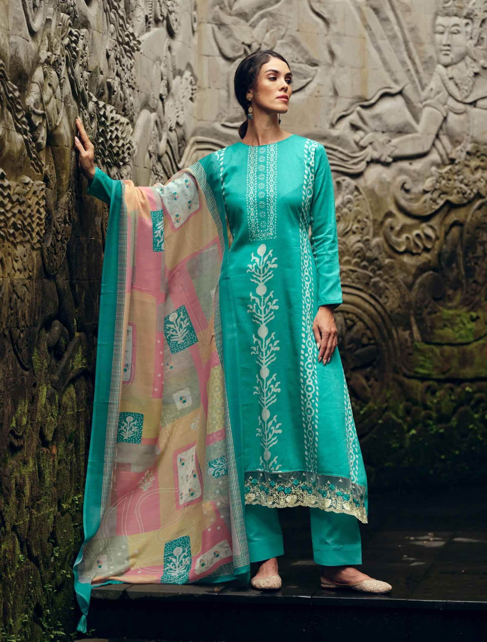 Buy Cotton Silk Teal Unstitched Ladies Suit Material With Embroidery