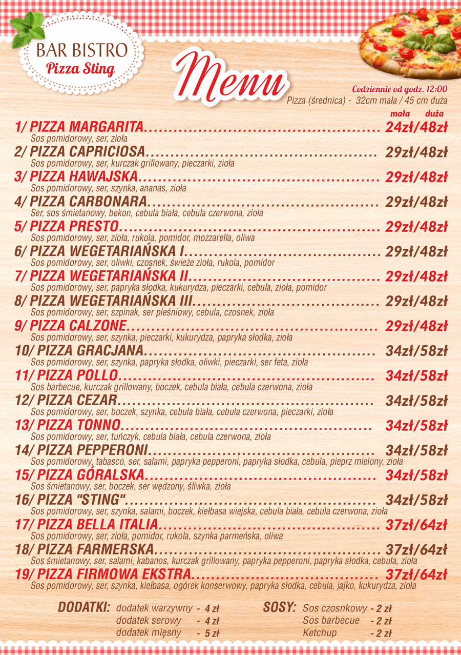 Pizza Menu Sala weselna Mszana Dolna