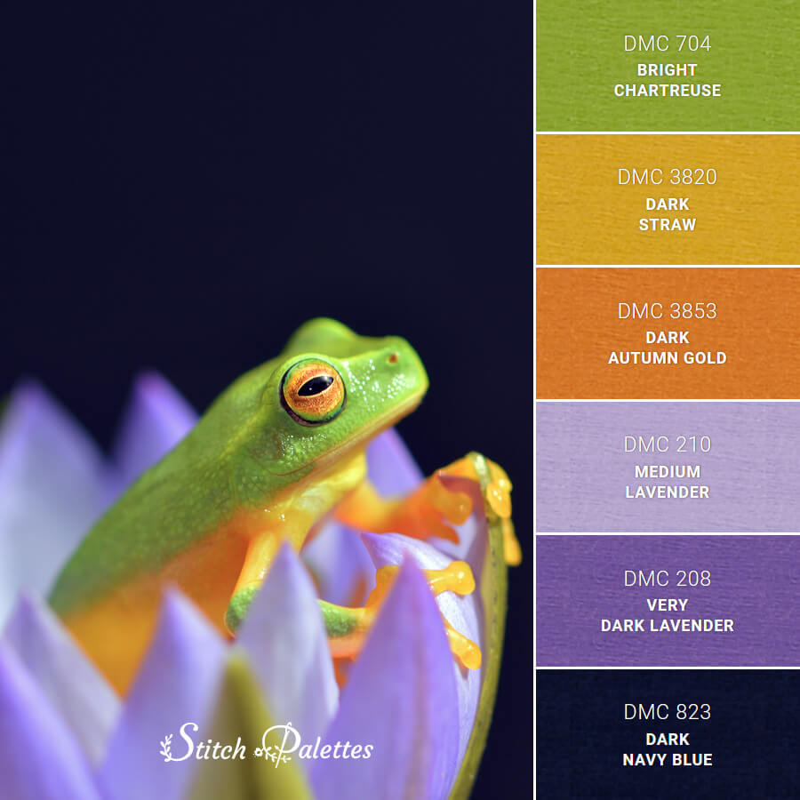 Green And Yellow Frog Embroidery Color Palette (With Thread Codes)