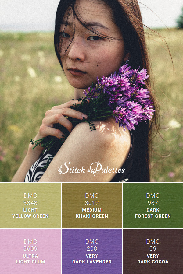 Picking Purple Flowers Embroidery Color Palette (With Thread Codes)