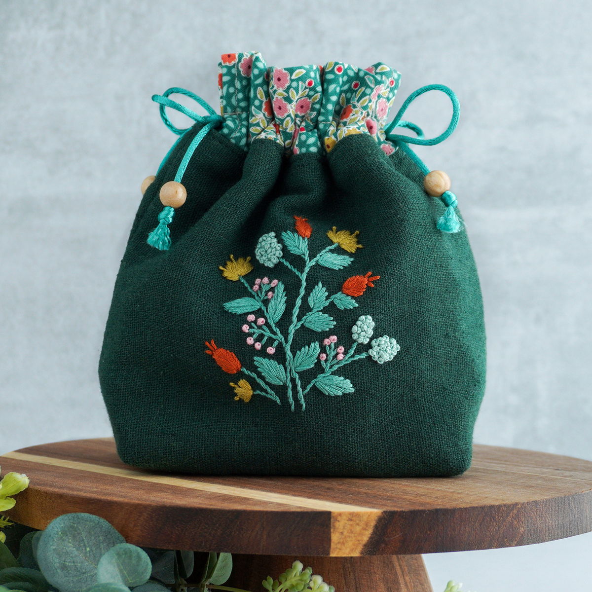 Hand Embroidered Linen Drawstring Bag Stitch Palettes