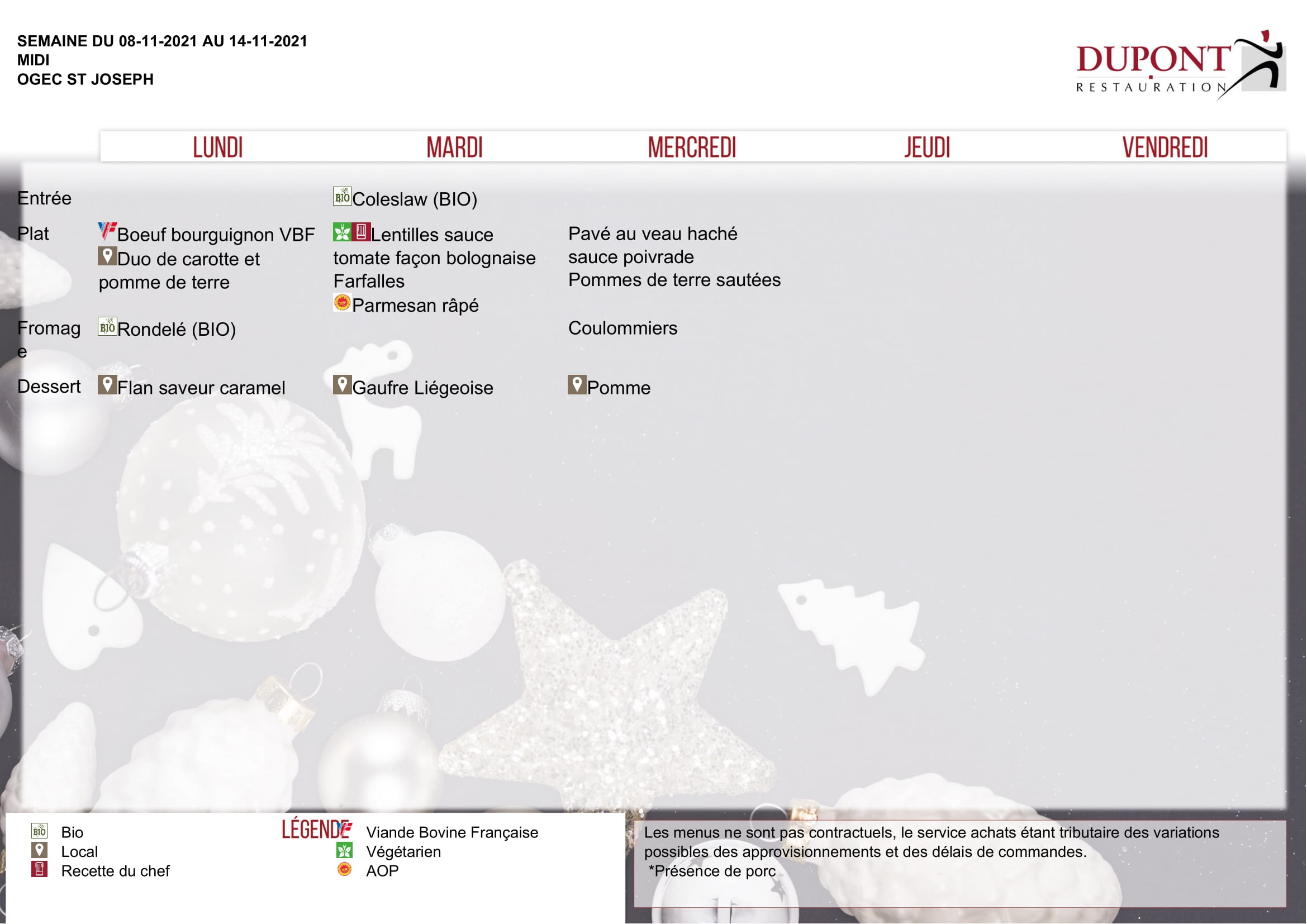 Menus de la cantine Ecole Saint Joseph Amiens