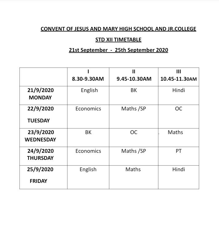 TIME TABLES FOR ONLINE CLASSES FOR STD IX, X & XII FROM 21ST SEPTEMBER
