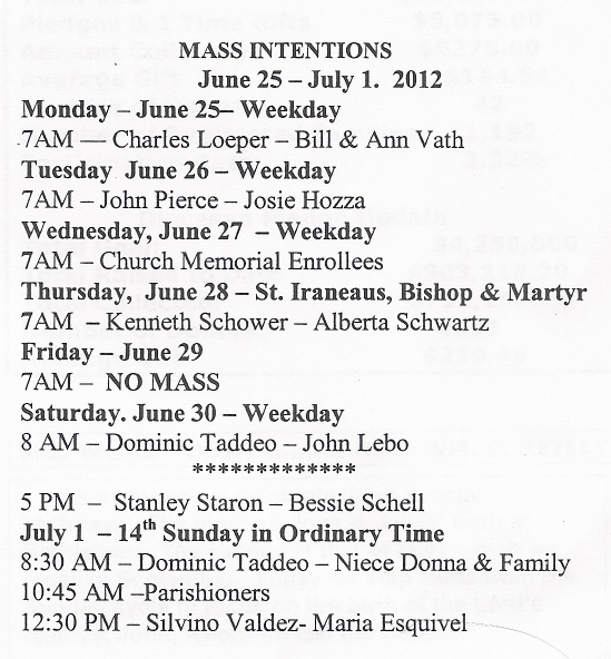 Mass Intentions for June 25 July 1, 2012 St Margaret Roman Catholic