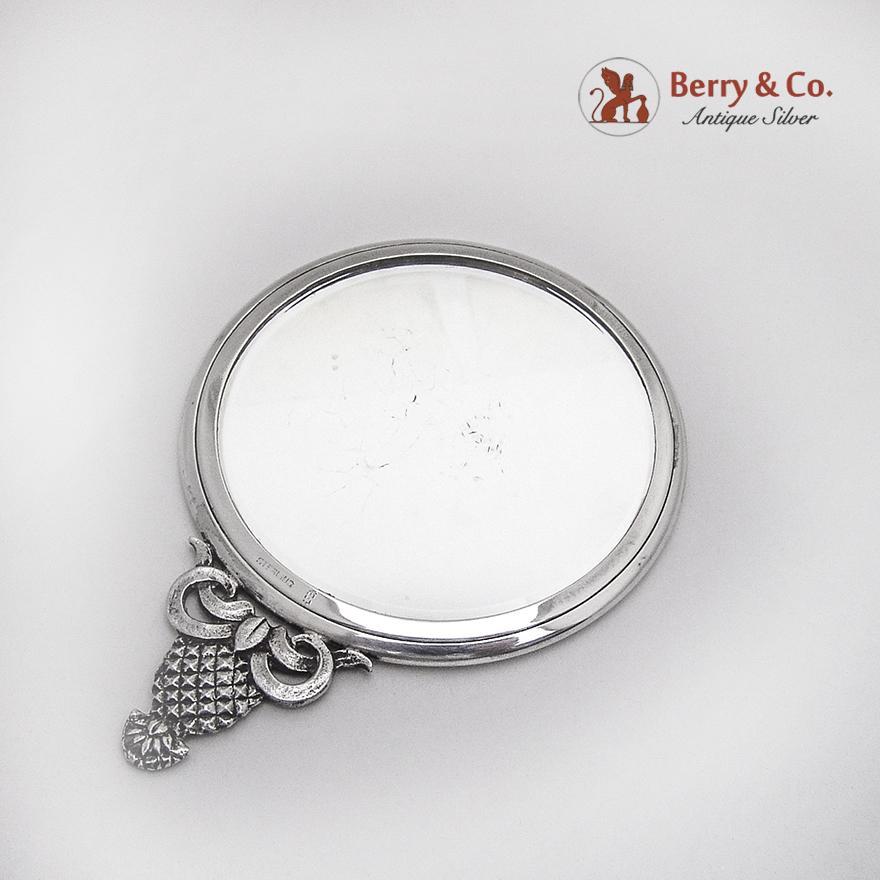 Small Round Hand Mirror Figural Pineapple Handle Sterling Silver 1950