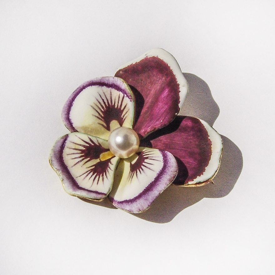 Enameled Pansy Flower Pearl Brooch Pin 14K Gold Enamel eBay