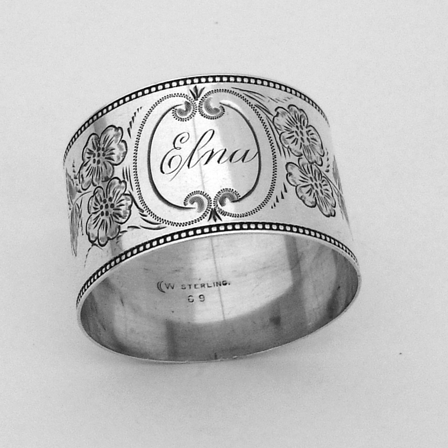 Engraved Floral Napkin Ring Watrous Sterling Silver Mono Elna eBay