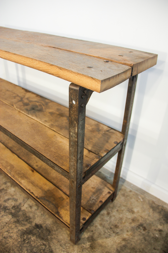 Antique industrial wrought iron and oak side table STOCKOUD