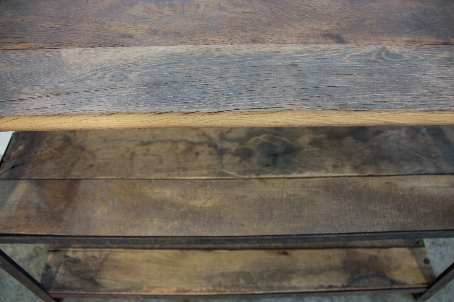 Antique industrial wrought iron and oak side table STOCKOUD