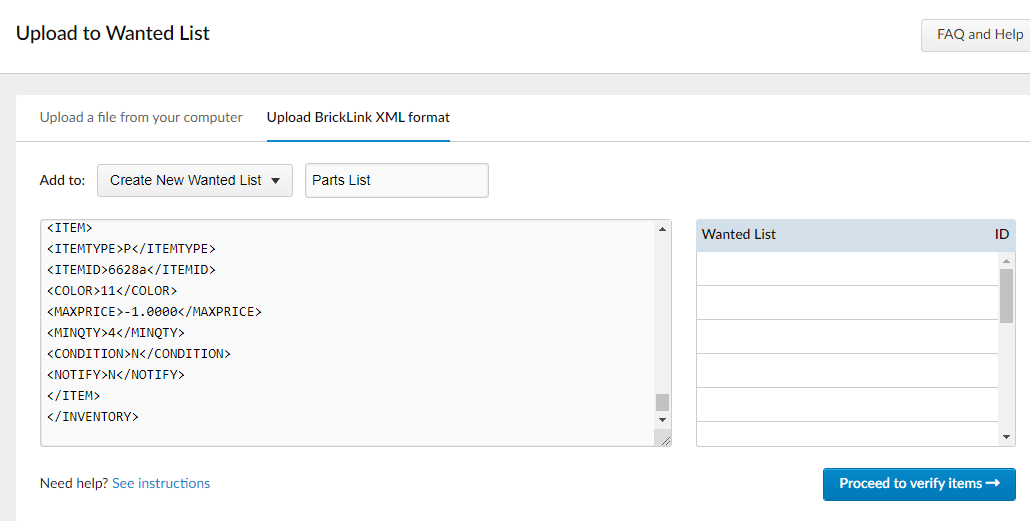 Buy LEGO parts list at BrickLink Wanted List from XML file