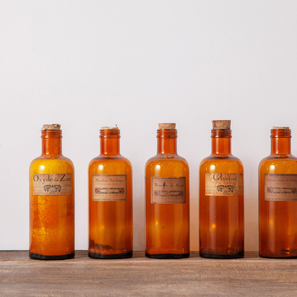 stoop Antique Medical Glass Bottles in Amber