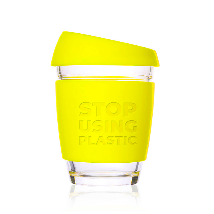 Reusable Coffee Cup Glass 12oz / 340ml Neon Yellow Stop Using
