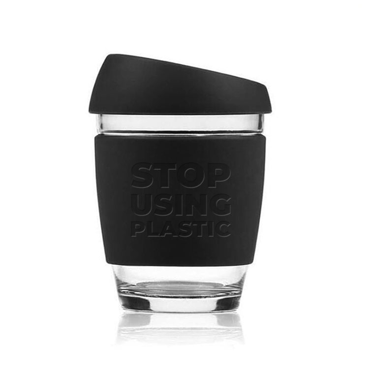 Reusable Coffee Cup Glass 12oz / 340ml Black Stop Using Plastic