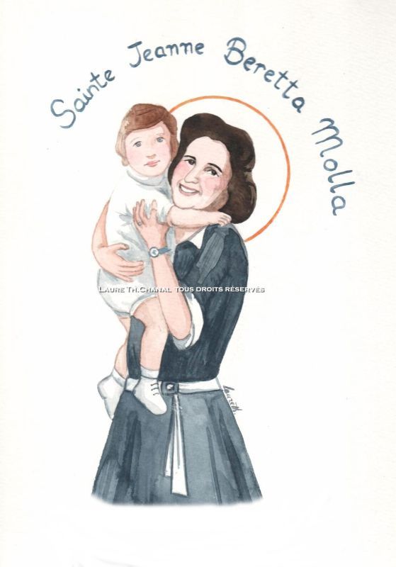 aquarelle de sainte Jeanne Beretta Molla, mère de famille Dessinemoi...