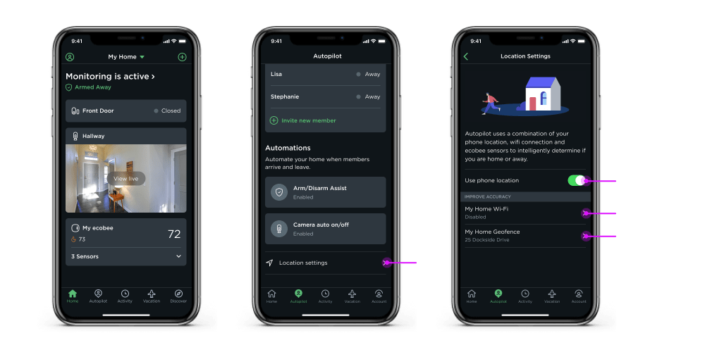 How does ecobee Smart Security use my location?