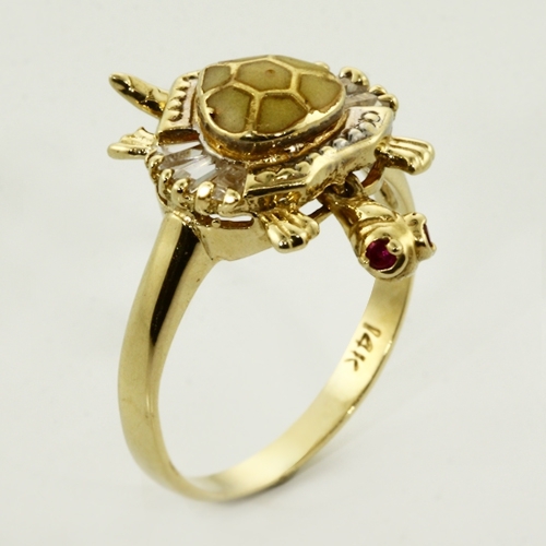 14K Yellow Gold Turtle Ring with Sapphires and Rubies