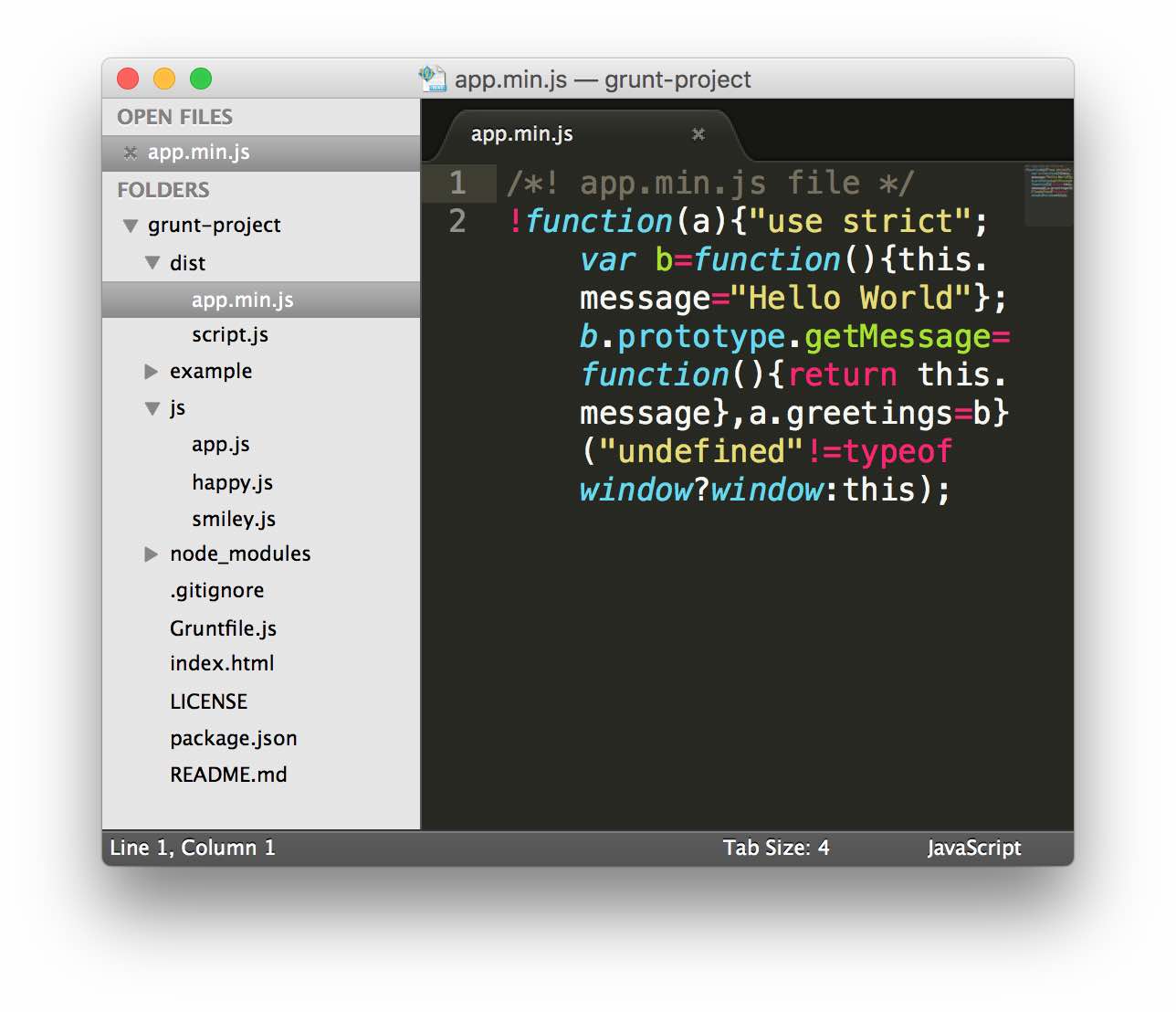 Grunt Minify JavaScript file using Uglify plugin Grunt