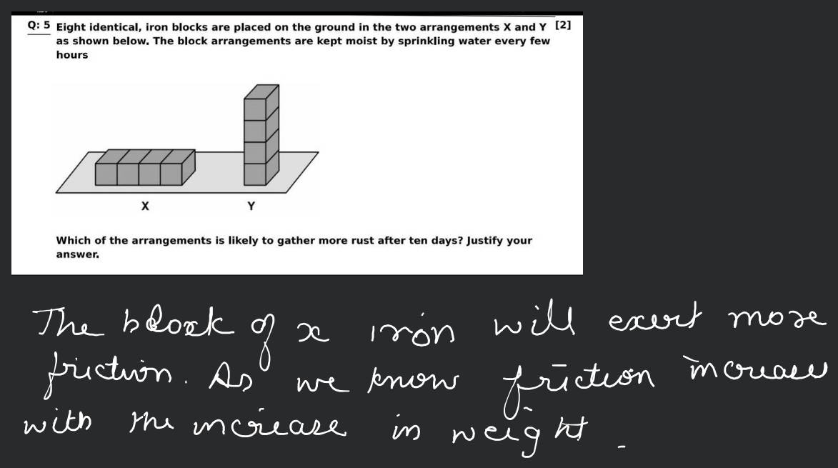 Q 5 Eight identical, iron blocks are placed on the ground in the two arr..