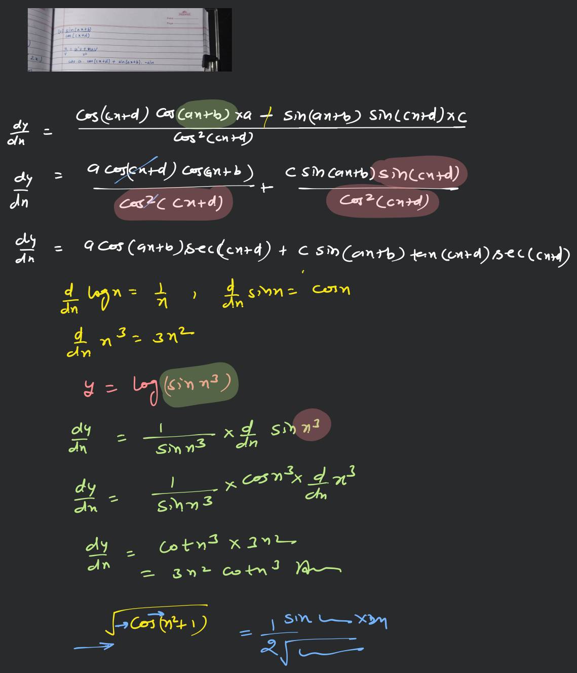 (v.) cos(cx+d)sin(ax+b) vu =v2u′v+uv′ cos⋅a⋅cos(cx+d)+sin(ax+b)⋅−sin
