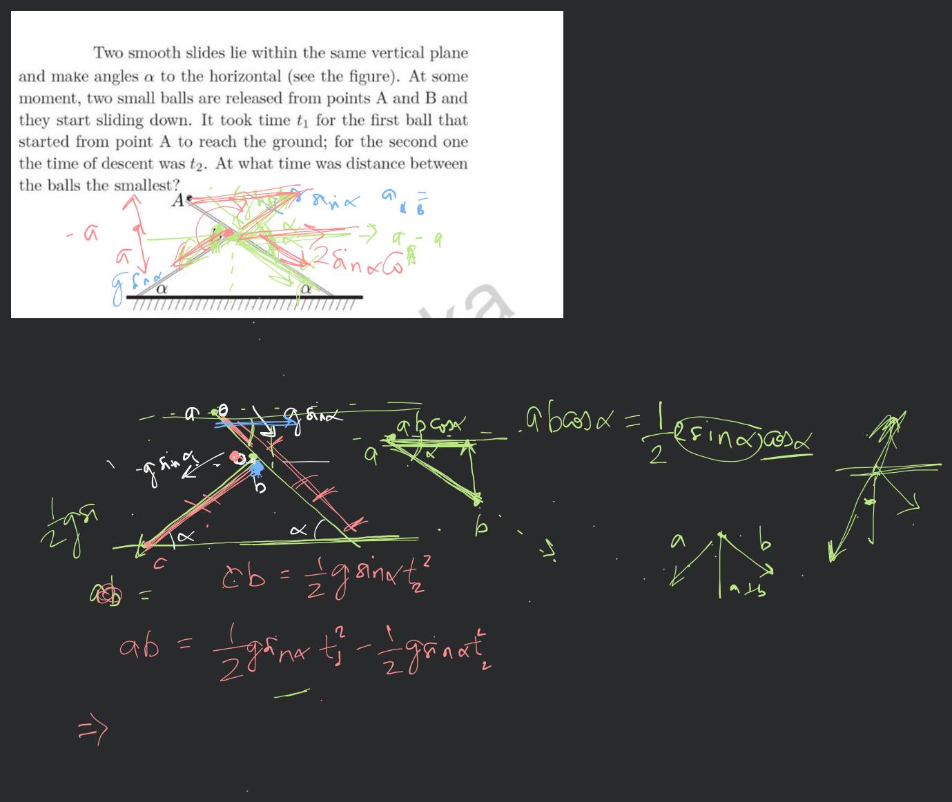 Two smooth slides lie within the same vertical plane and make angles α to..