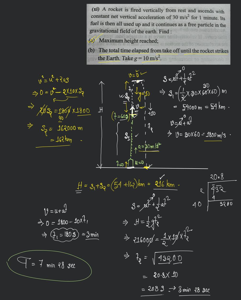 A rocket is fired vertically from rest and ascends with constant net vert..