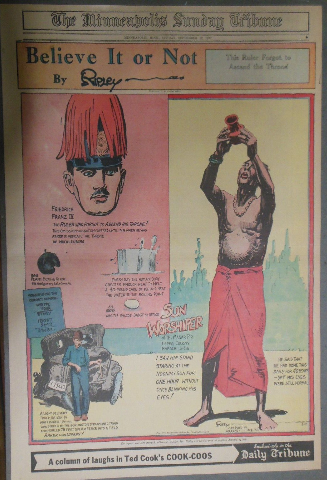 Believe It Or Not by Robert Ripley from 9/12/1937 Size 15 x 22 inch