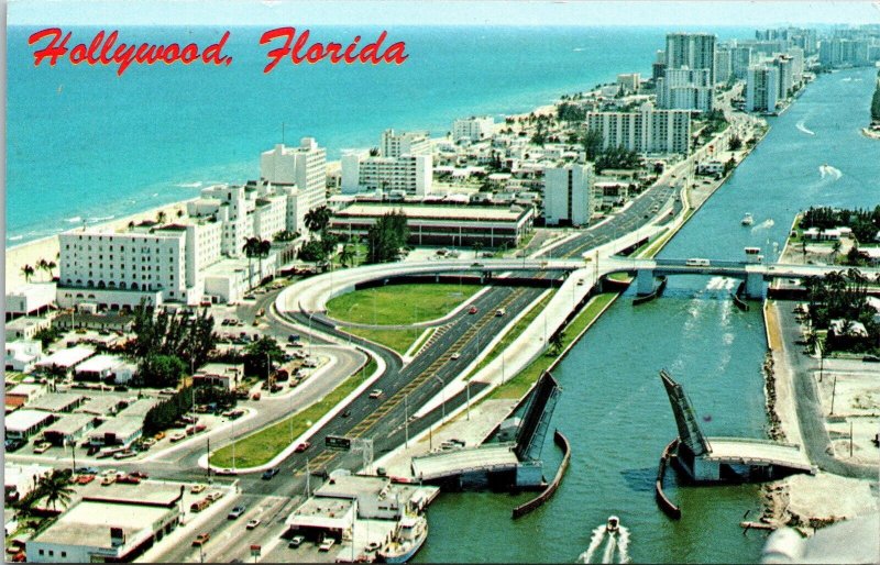 Hollywood Florida Birds Eye View Downtown Skyline Ocean Chrome Postcard