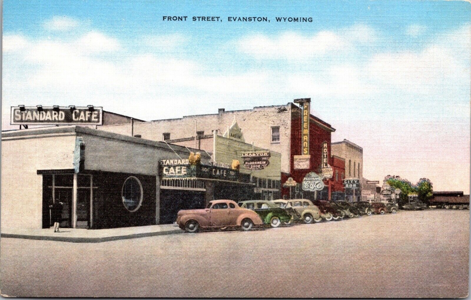 Linen Postcard Front Street in Evanston, Wyoming1634 United States