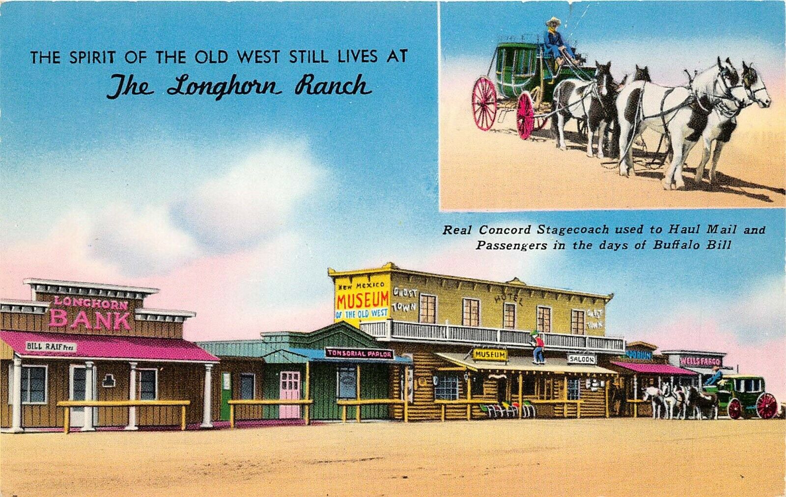 Moriarty New Mexico 1966 Postcard Longhorn Ranch Museum Ghost Town ROUTE 66 Latin & South